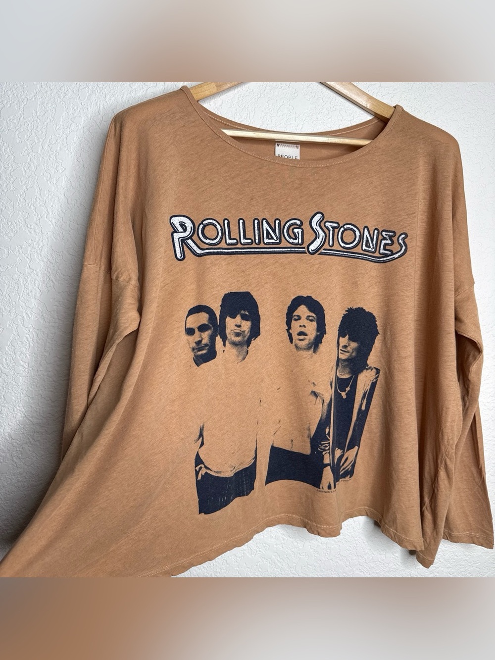 People of Leisure Rolling Stones Oversized Small Long Sleeve Tee Tan Rock Band